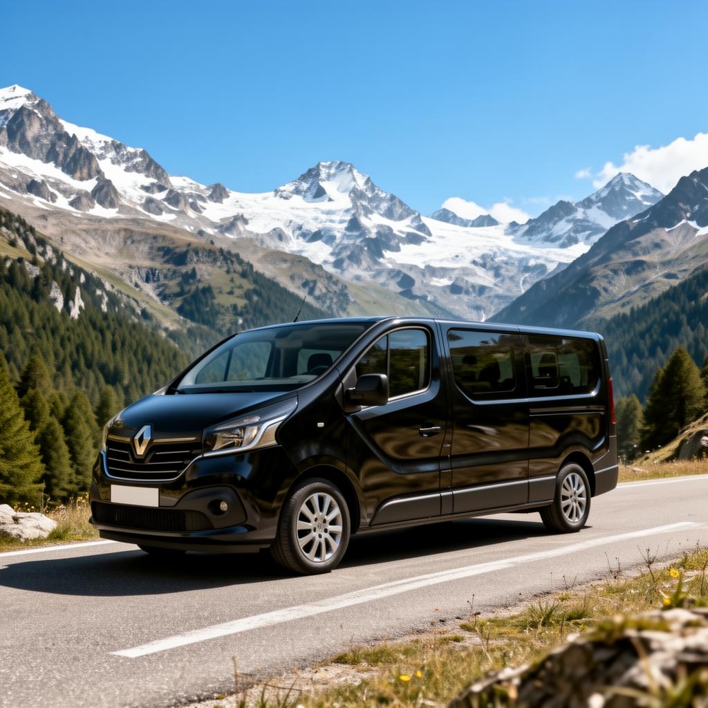 Black Renault Trafic passenger van on an alpine road with snow-capped mountains in the French Alps
