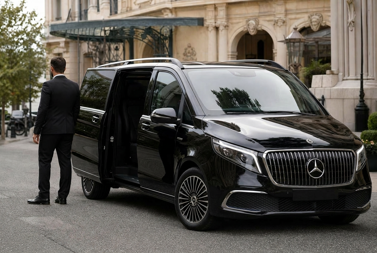 Chauffeur in a black suit and tie opening the door of a black Mercedes-Benz V-Class on the French Riviera