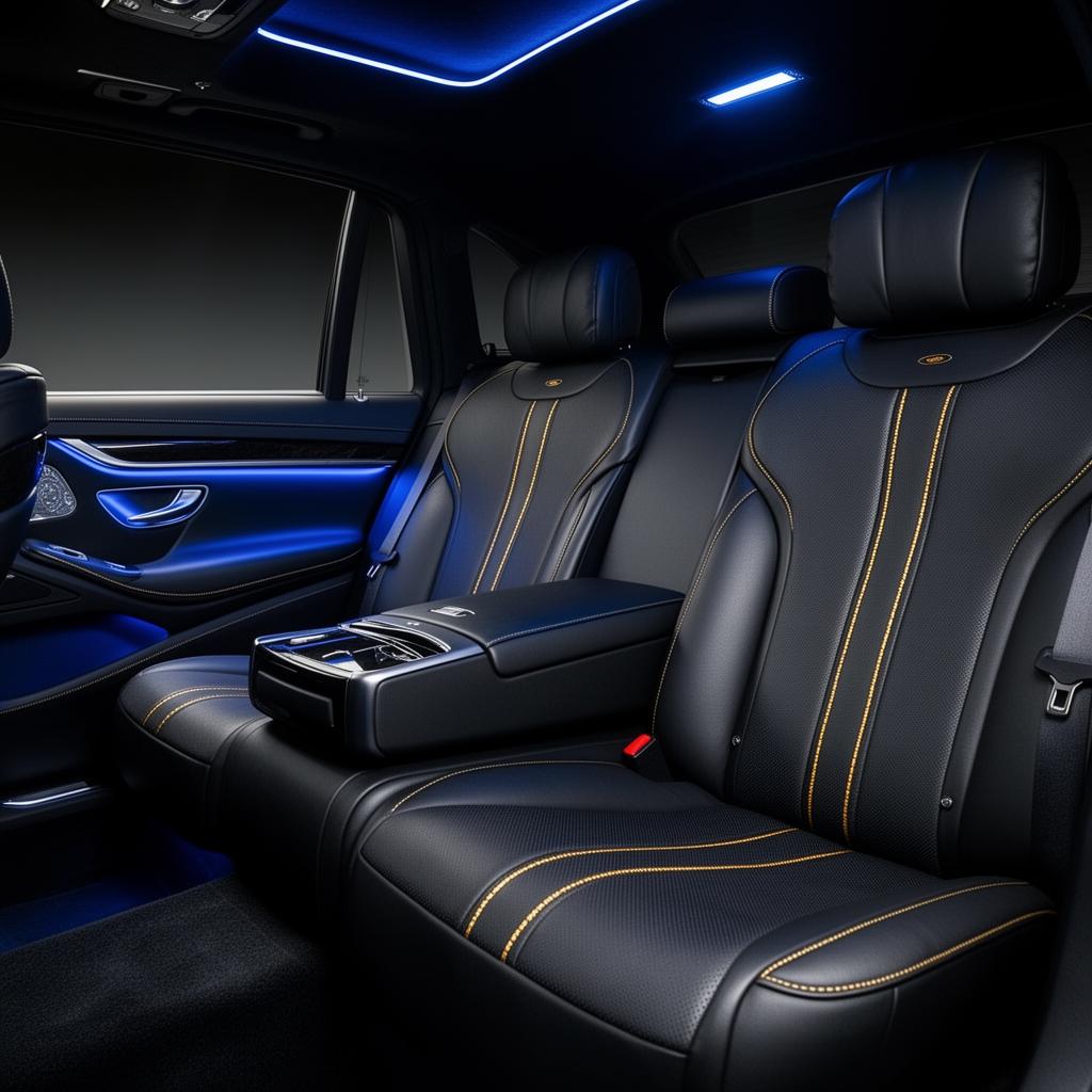 Luxury car interior with black leather, gold stitching and ambient blue lighting